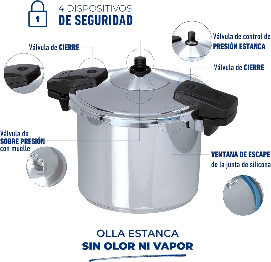 Jata OSR8, olla a presión super rápida, 8l, acero inoxidable, apta para todas cocinas incluida inducción, diámetro 22cm, OSR4, OSR6, OSR8