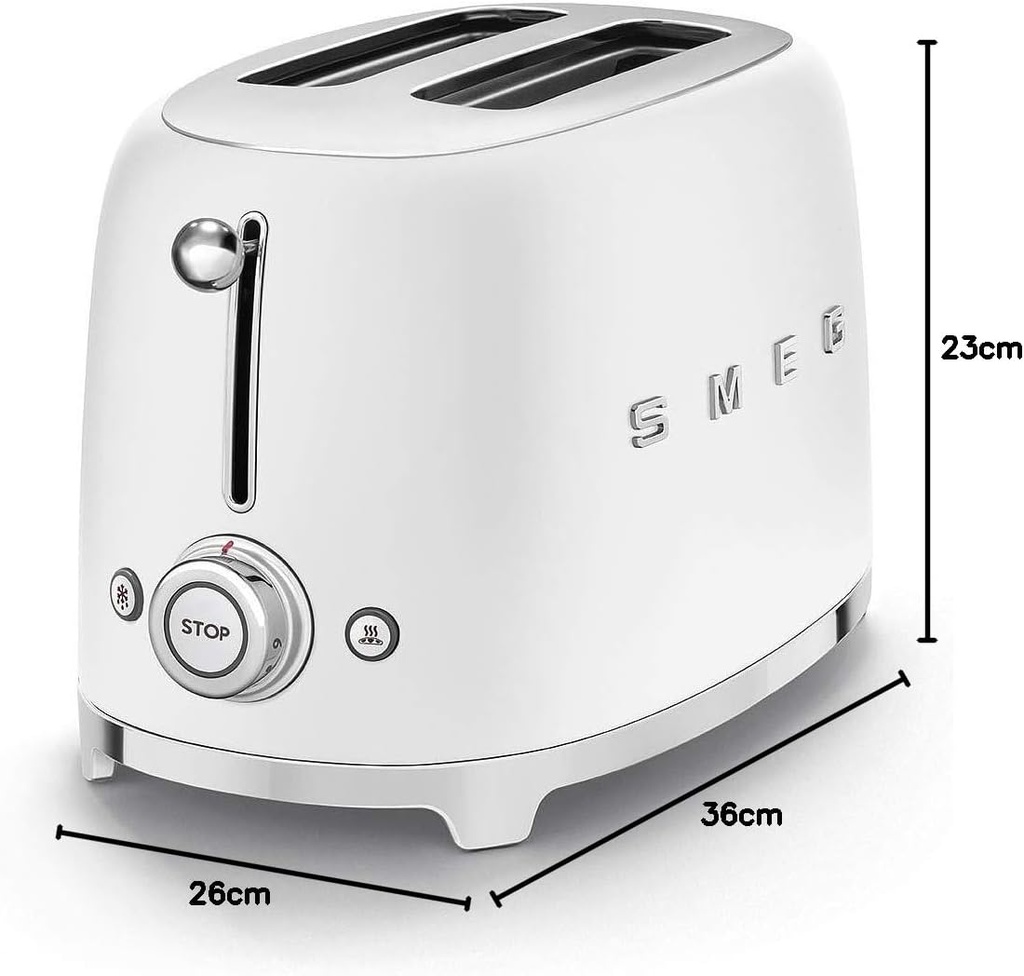 Smeg TSF01WHMEU, tostadora, 6 niveles de tostado, dos ranuras, blanco mate