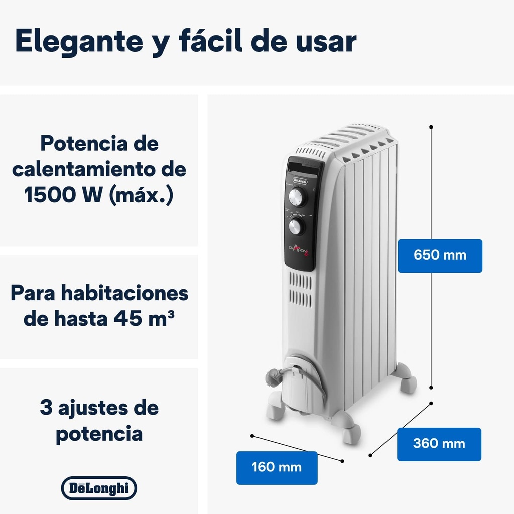 DeLonghi TRD40615, radiador de aceite dragon 4, 1500w, 6 elementos, 3 ajustes potencia, (50€ reembolso)