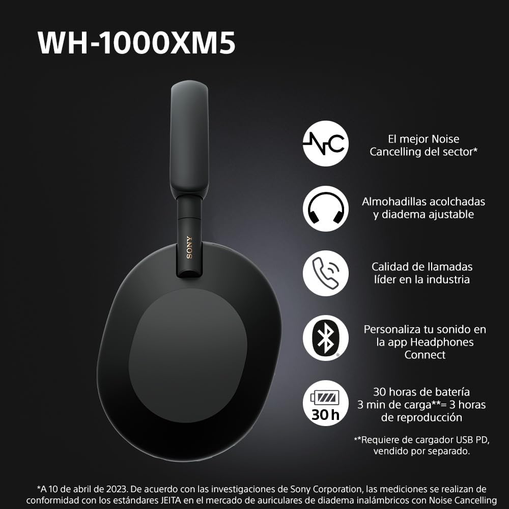 Sony WH-1000XM5, Auriculares Inalámbricos con Noise Cancelling, 30 horas de Autonomía