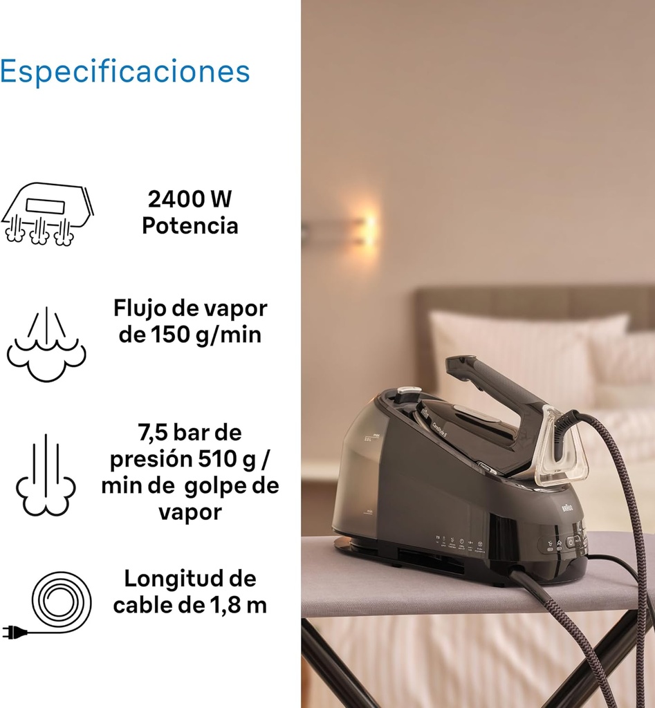 Braun IS5249BK, centro de planchado CareStyle 5, FreeGlide 3D, FastClean Ultimate, 2400w, 7,5 bares, negro