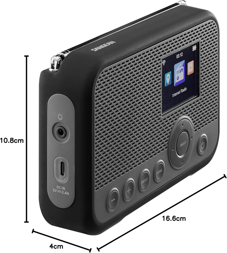 Sangean WFR39, radio digital portátil por internet, Spotify Connect, FM-RDS, DAB+, USB-C, color negro