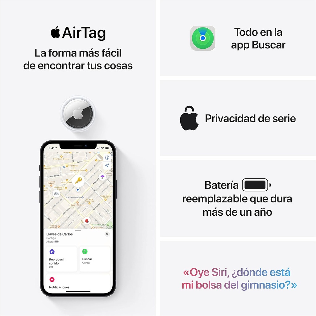 APPLE MX532ZY,  AirTag localizador Bluetooth, IP67, Chip U1, blanco