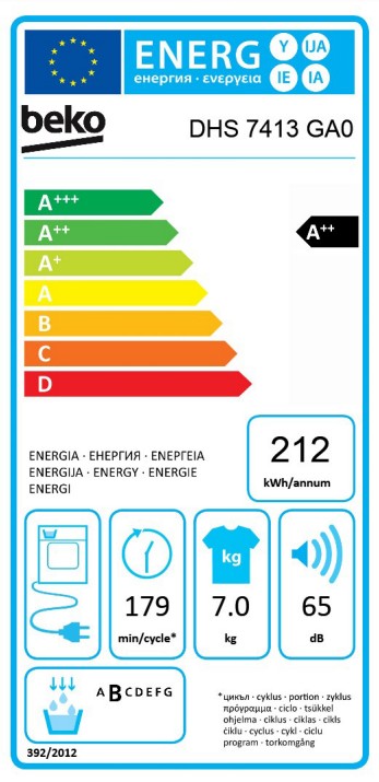 Beko DHS 7413 GA0, secadora bomba de calor, 7kg, OptiSense, AquaWave, blanco, clase A++