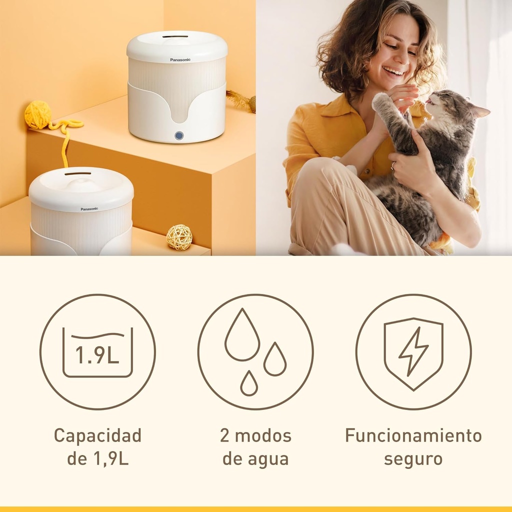 Panasonic CP-JNW01CW, bebedero para mascotas, 1,9L, 4 filtros, silencioso, blanco
