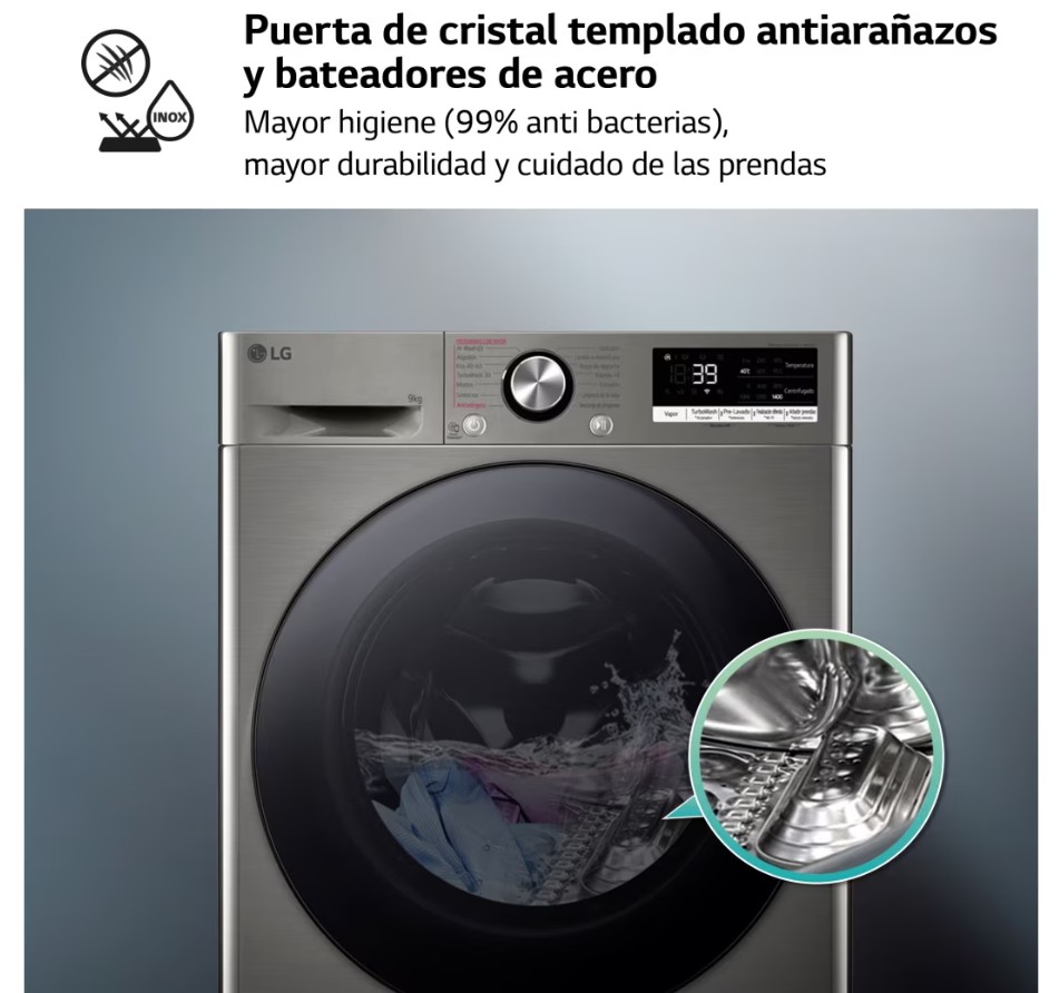 LG F4WR7009AGS, lavadora carga frontal, 9kg, 1400rpm, inox, clase A -10%
