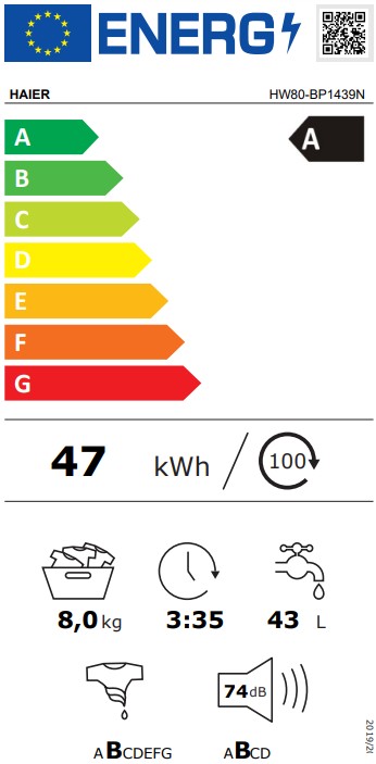Haier HW80-BP1439N, lavadora libre instalación, 8kg, 1400rpm, motor Inverter BPM, blanco, clase A