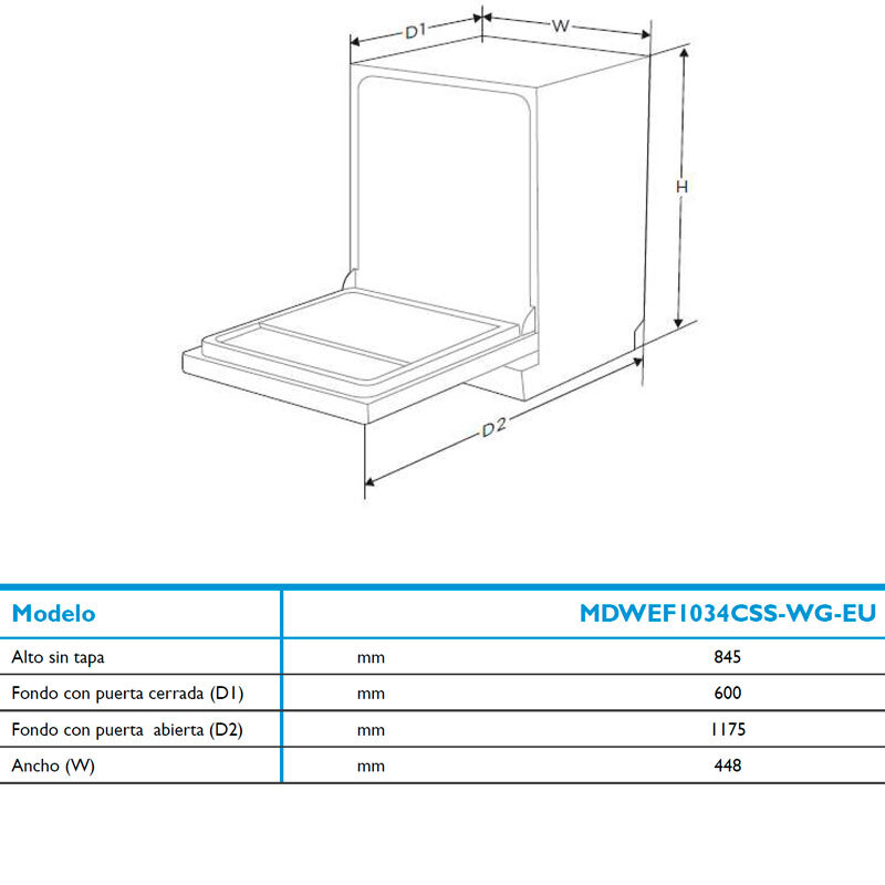 Midea MDWEF1034CSS, Lavavajillas de libre instalación, 45cm, control WiFi, inox, clase E