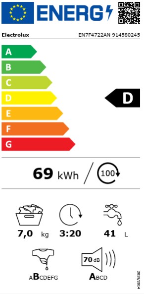 LAVADORA INTEGRACIÓN ELECTROLUX EN7F4722AN 7KG, 1200 RPM, BLANCO, VAPOR FreshScent, CLASE D