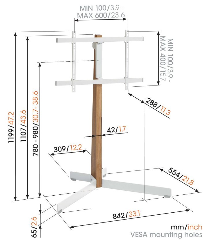 Vogels TVS3695, soporte de pie, giratorio hasta 90°, de 40" a 77", 50 kg, blanco