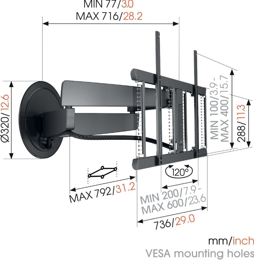 Vogels TVM7675, soporte de pared giratorio hasta 120°, de 40" a 77", 35 kg, negro
