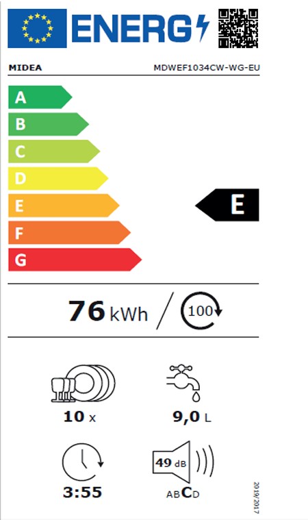 Midea MDWEF1034CW, Lavavajillas de libre instalación, 45cm, control WiFi, Blanco, clase E