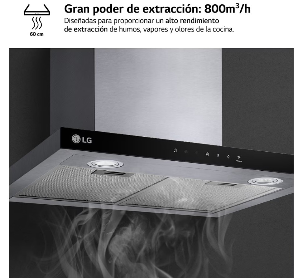 LG HCEZ2426S, campana extractora, 60cm, 4 niveles de potencia, 70dB, WiFi, inox, clase A
