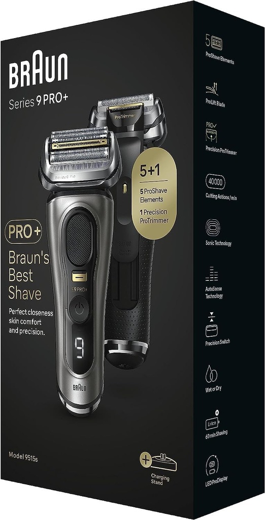 Braun 9515s, afeitadora eléctrica, serie 9 Pro+, ProTimmer integrada, base de carga, Wet&Dry,