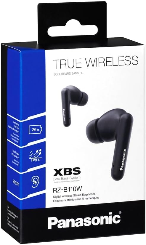 Panasonic RZ-B110W, auriculares inalámbricos, Bluetooth, autonomía de 26h, sensores táctiles, Ipx4, color NEGRO