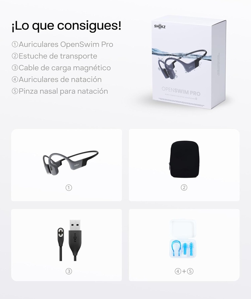 Auriculares Conducción Ósea, Shokz OpenSwim Pro, Bluetooh + Almacenamiento interno 32Gb, Especifico para nadar, Diseño Open-Ear, Llamadas nítidas, Hasta 9 horas de batería