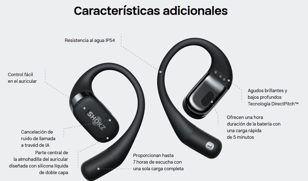 Auriculares conducción aérea, Shokz OpenFit, Tecnología Open-Ear, Graves potentes, Llamadas nítidas, Batería hasta 28h de uso