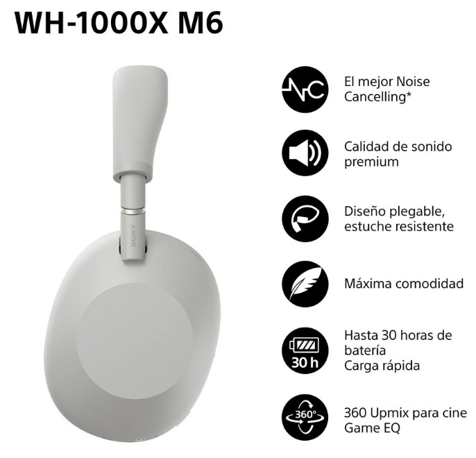 Sony WH-1000XM6, auriculares inalámbricos con Noise Cancelling, autonomía 30h,