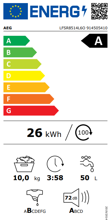 AEG LFSR8514L6O, Lavadora de libre instalación, Serie 8000, PowerCare, Blanco