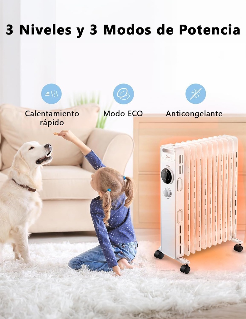 Midea NY2311-20M, radiador de 11 elementos, 2300w, termostato regulable, blanco