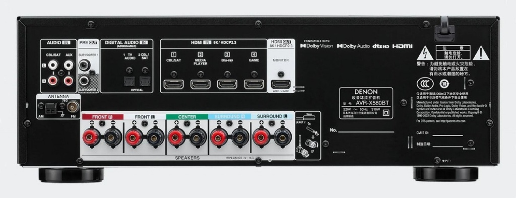 Denon Receptor AVRX580BT, 5.2 canales, 130W por canal, escalado a 8K y 4K, HDMI eARC, Reproductor USB, Bluetooth