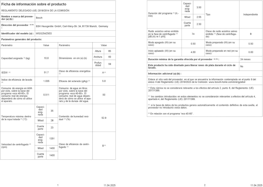 Bosch WGG254Z5ES, Lavadora de carga frontal, Serie 6, 10 kg, máx. 1400 r.p.m.