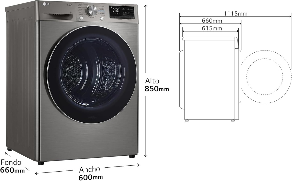 LG RH90V9PV2N, Secadora 9kg, A+++, con Bomba de calor Dual Inverter, Inox Antihuellas, Serie 900
