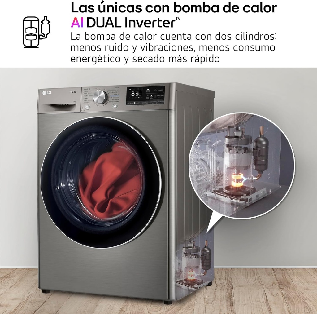 LG RH90V9PV2N, Secadora 9kg, A+++, con Bomba de calor Dual Inverter, Inox Antihuellas, Serie 900
