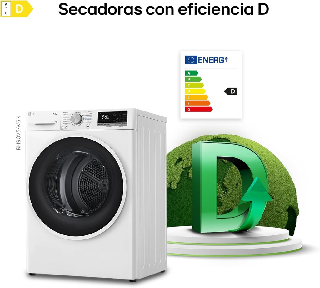 LG RH90V5AV6N, Secadora con Bomba de Calor Blanca A++, 9kg Dula Inverter