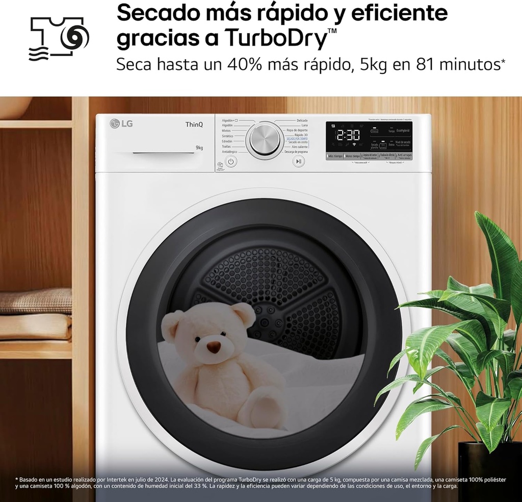 LG RH90V5AV6N, Secadora con Bomba de Calor Blanca A++, 9kg Dula Inverter
