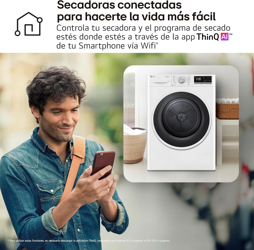 LG RH90V5AV6N, Secadora con Bomba de Calor Blanca A++, 9kg Dula Inverter