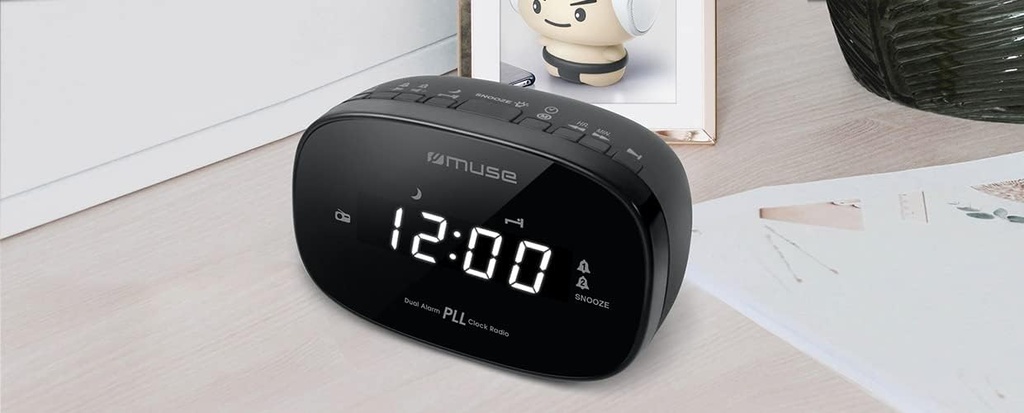 Muse M155 CR, Radio despertador FM/PLL con 20 presintonías para emisoras de FM, Radio o Buzzer, Snooze, Sleep y siesta, 24 horas con LED, intensidad ajustable