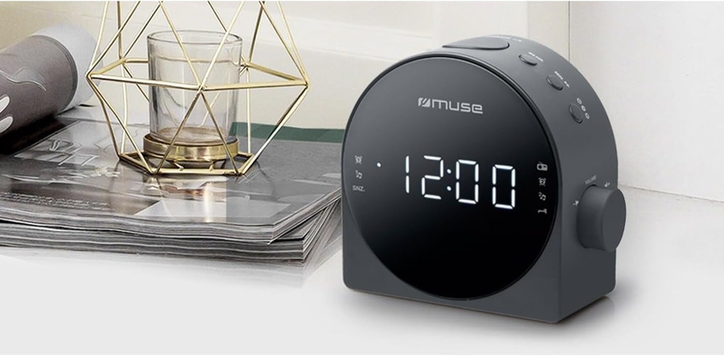 Muse M-185 CR, Radio despertador FM/MW PLL con 20 presintonías para emisoras (10 FM + 10 MW), Radio o buzzer, Snooze, 24 horas con LED blanco, Intensidad ajustable