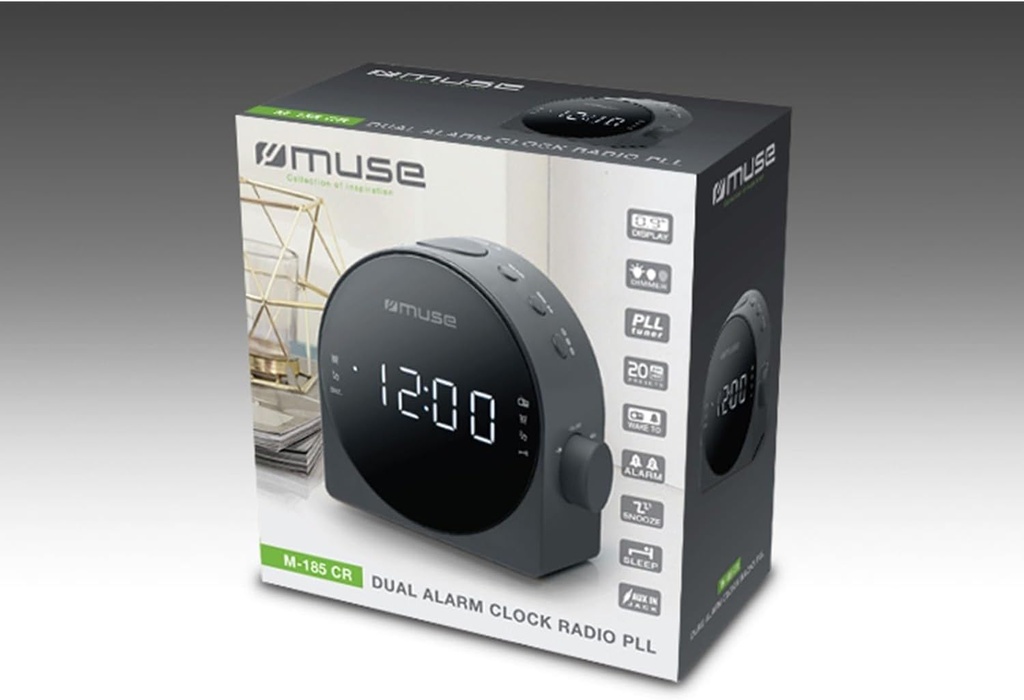 Muse M-185 CR, Radio despertador FM/MW PLL con 20 presintonías para emisoras (10 FM + 10 MW), Radio o buzzer, Snooze, 24 horas con LED blanco, Intensidad ajustable