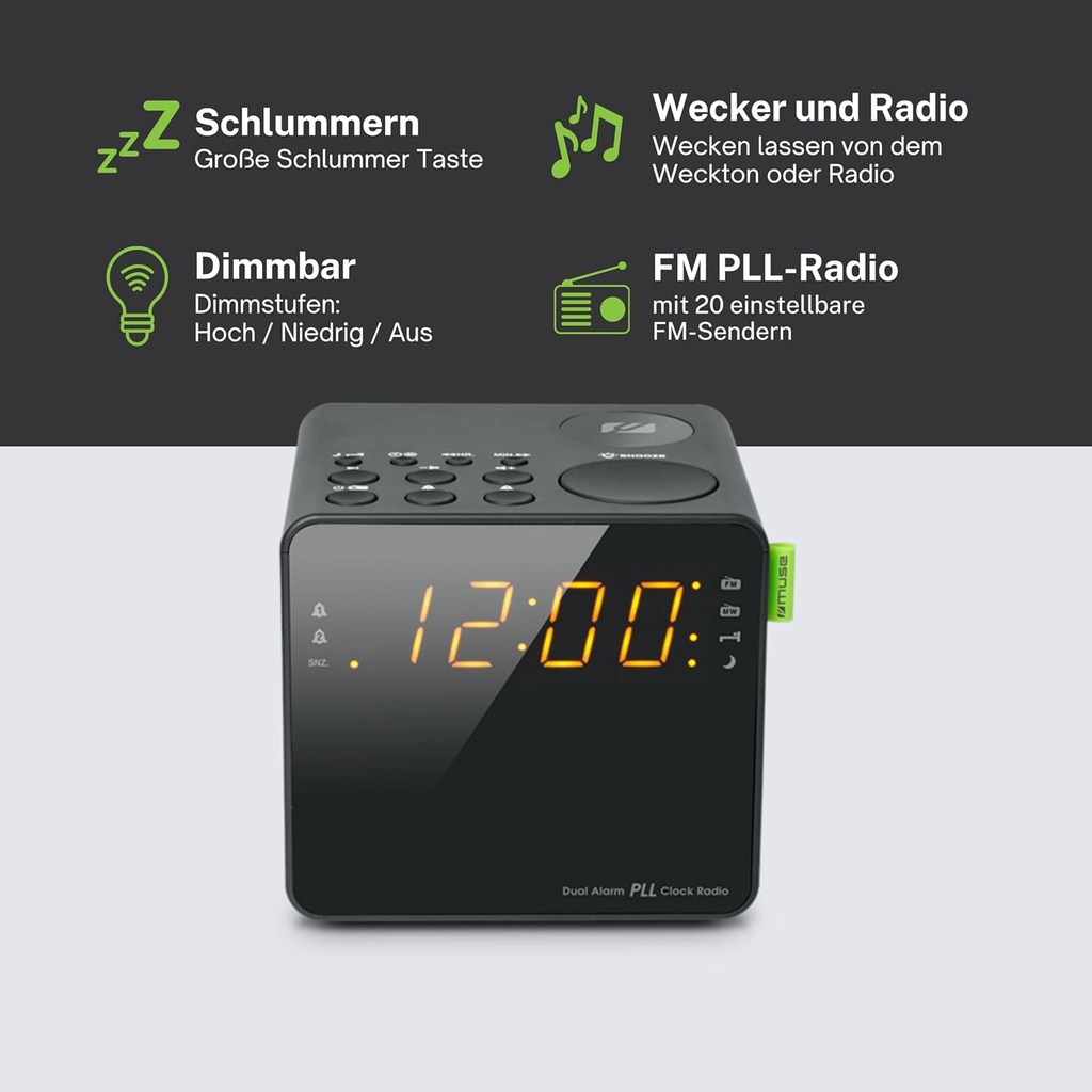 Muse M-187 CR, radio despertador, alarma dual, FM/MW, negro