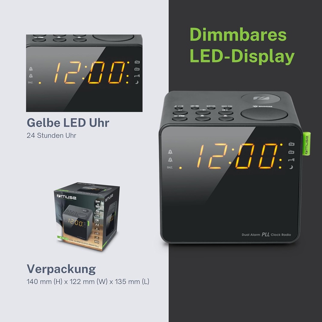 Muse M-187 CR, radio despertador, alarma dual, FM/MW, negro