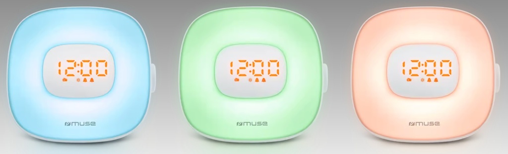 Muse ML-198 CR, Radio despertador con sonidos de la naturaleza, Radio FM digital con 20 presintonías, Luz ambiente multicolor, Radio o zumbador, Pantalla LED, Doble alarma