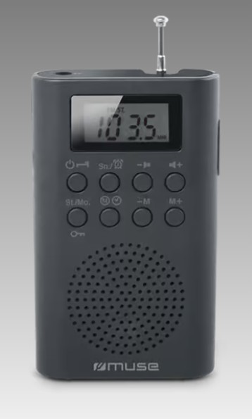Muse M-03 R, Radio de bolsillo FP PLL, 20 emisoras presintonías de FM, Pantalla LCD, Antena telescópica de FM, Altavoz integrado, Despertador por radio o buzzer