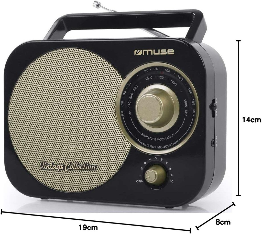 Muse M-055 RB, Radio portátil, 2 bandas (FM/AM), Antena telescópica, Encendido y apagado en el botón de volumen, Entrada auxiliar