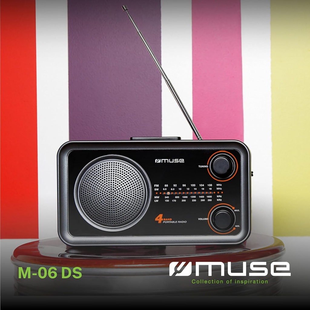 Muse M-06 DS, Radio portátil, 2 bandas (FM/AM), Antena telescópica, Encendido y apagado en el botón de volumen, Entrada auxiliar