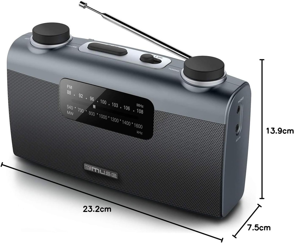 Muse M-058 R, Radio portátil, 2 bandas (FM/AM), Antena telescópica, Encendido y apagado en el botón de volumen, Entrada auxiliar mini-jack