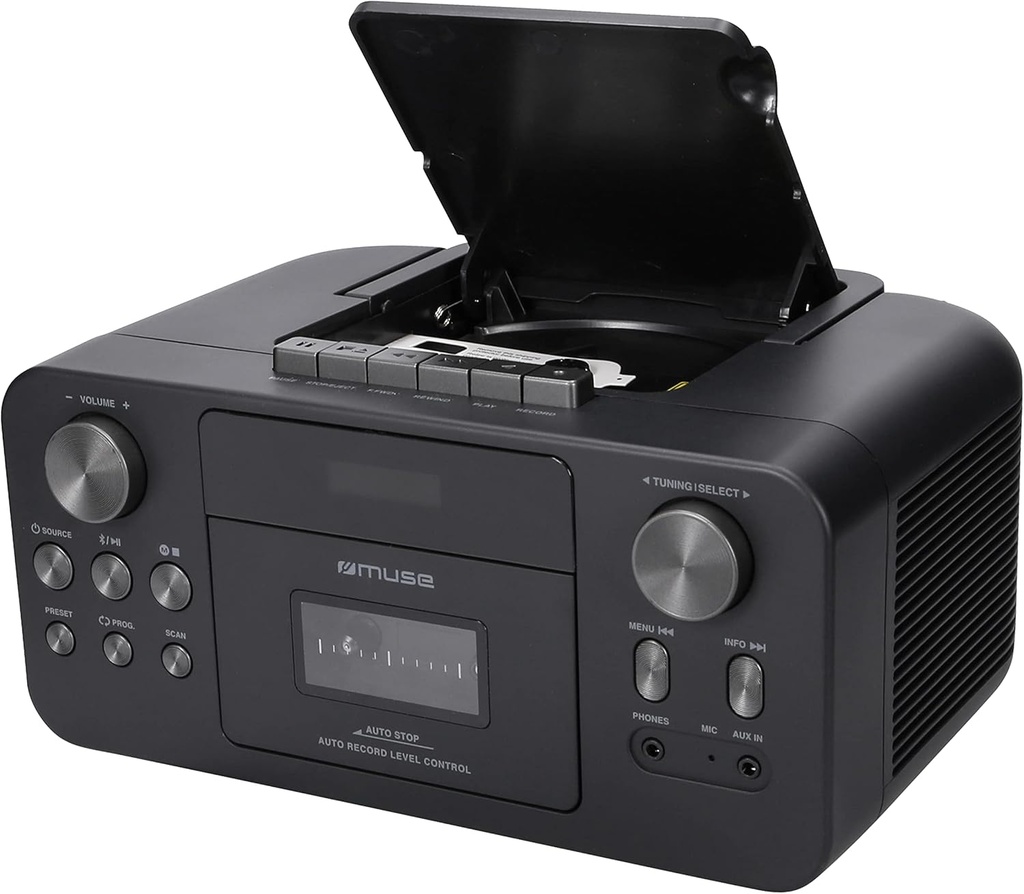 Muse M-182 DB, Radio reproductora y grabadora de cassettes, Radio FM y DAB/DAB+, Bluetooth, Reproductor de CD/CD-R/CD-RW, Pantalla LCD, 20 presintonías (10 FM y 10 DAB+), Antena telescópica y micrófono