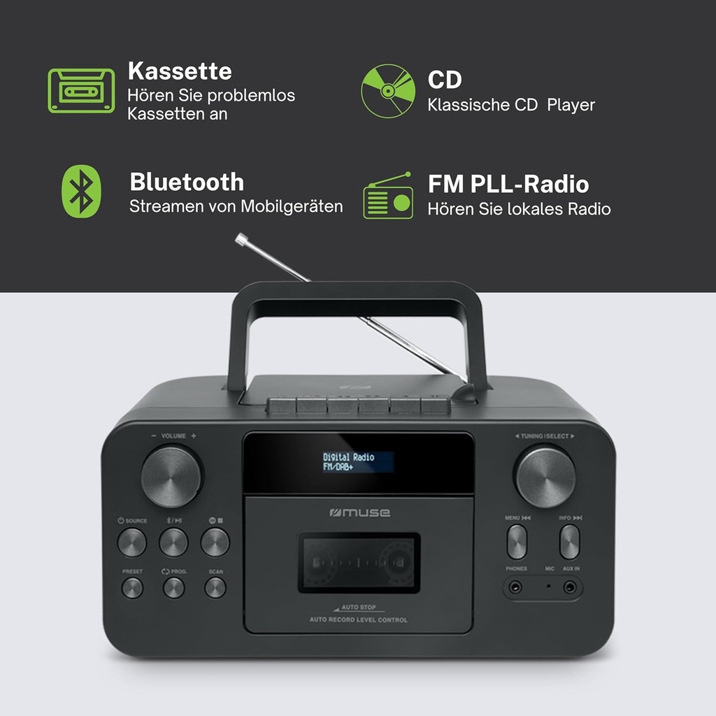 Muse M-182 DB, Radio reproductora y grabadora de cassettes, Radio FM y DAB/DAB+, Bluetooth, Reproductor de CD/CD-R/CD-RW, Pantalla LCD, 20 presintonías (10 FM y 10 DAB+), Antena telescópica y micrófono