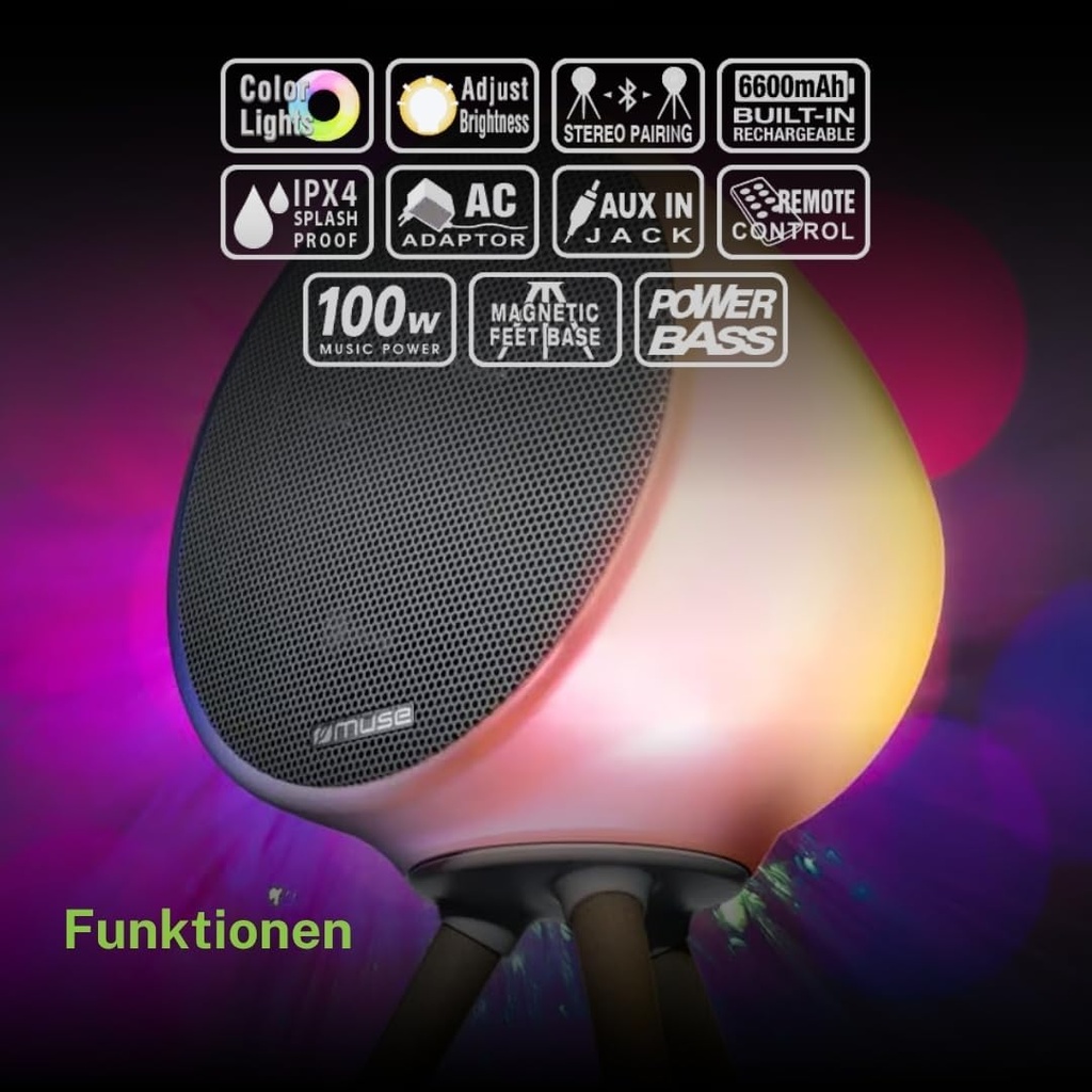 Muse ML-655 BT, Altavoz Bluetooth portátil con 100w de Potencia, Luces de ambiente de colores, Batería recargable (6.600 mAh), IPx4 contra salpicaduras, Mando a distancia, Trípode, Posibilidad de par-estéreo