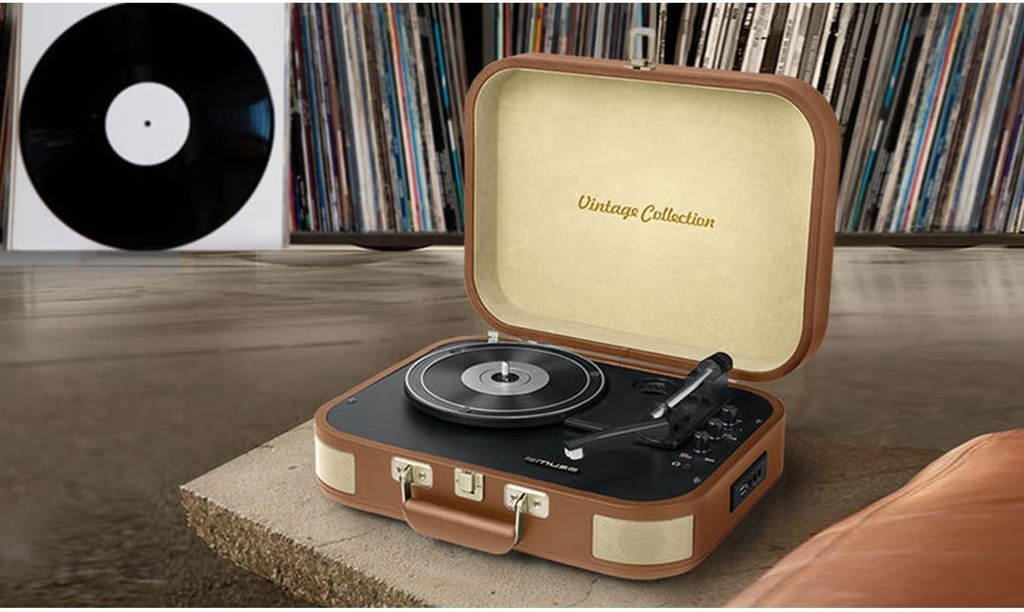 Muse MT-501, Giradiscos estéreo, 3 velocidades 33/45/78 RPM, Cápsula Audio Técnica MM (imán móvil), Recepor Bluetooth, Puerto USB, 2 altavoces integrados, Entrada auxiliar mini-jack, Salida RCA