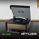 Muse MT-110 B, Microsistema con giradiscos estéreo, 3 velocidades 33/45/78 RPM, Radio FM, Reproductor CD/CD-R/CD-RW, Receptor Bluetooth, Puerto USB, Entrada auxiliar mini-jack, 2 altavoces integrados, Salida RCA, Toma de auriculares