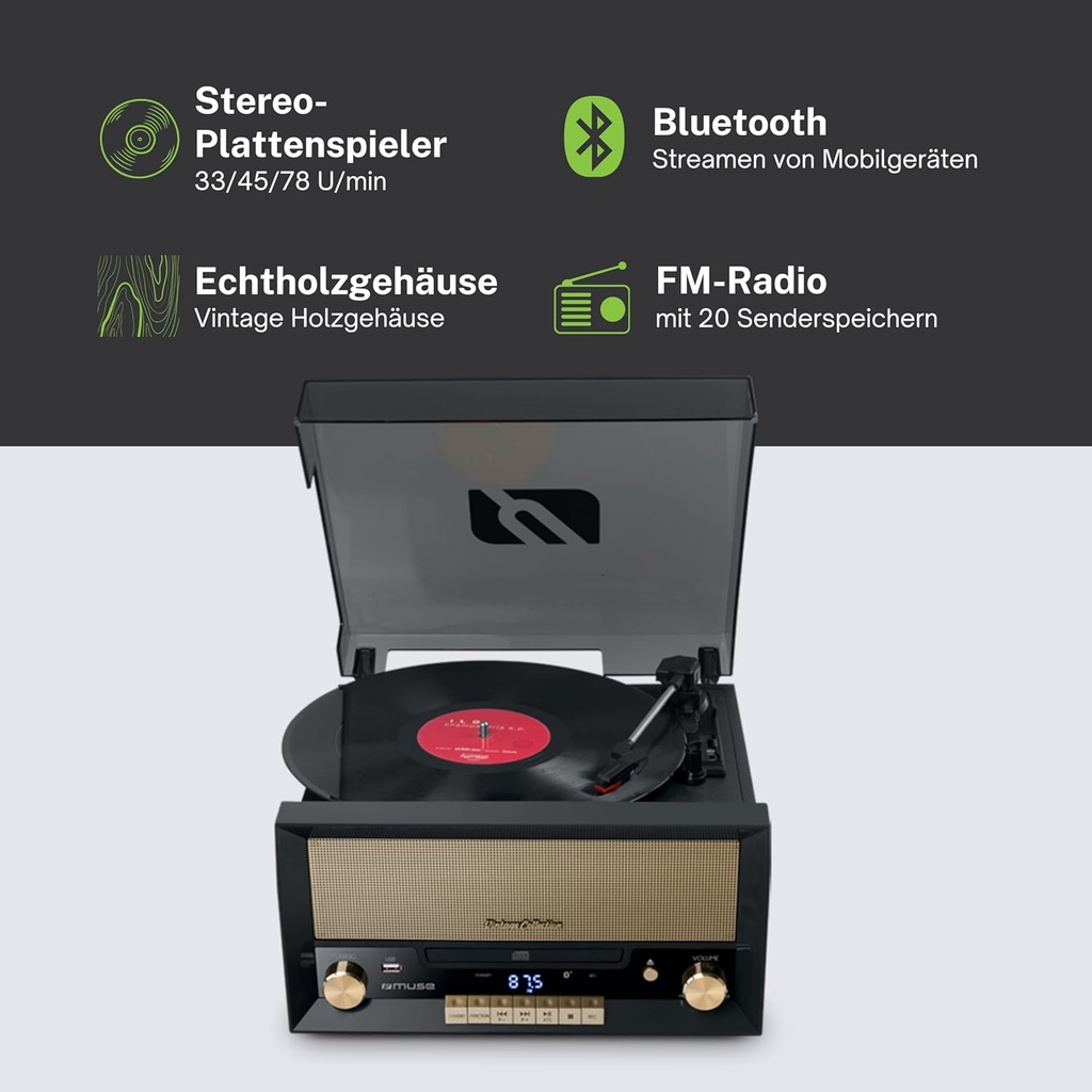 Muse MT-110 B, Microsistema con giradiscos estéreo, 3 velocidades 33/45/78 RPM, Radio FM, Reproductor CD/CD-R/CD-RW, Receptor Bluetooth, Puerto USB, Entrada auxiliar mini-jack, 2 altavoces integrados, Salida RCA, Toma de auriculares