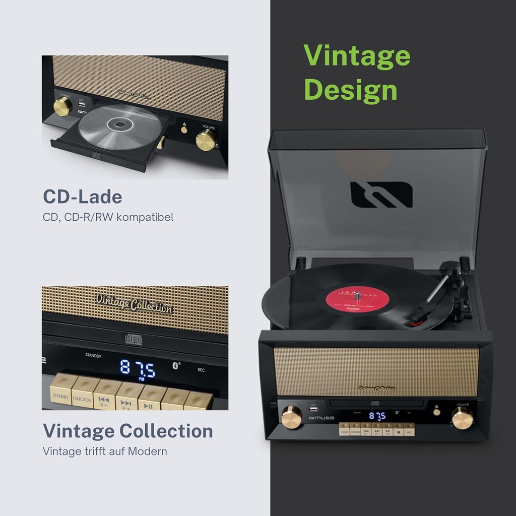 Muse MT-110 B, Microsistema con giradiscos estéreo, 3 velocidades 33/45/78 RPM, Radio FM, Reproductor CD/CD-R/CD-RW, Receptor Bluetooth, Puerto USB, Entrada auxiliar mini-jack, 2 altavoces integrados, Salida RCA, Toma de auriculares