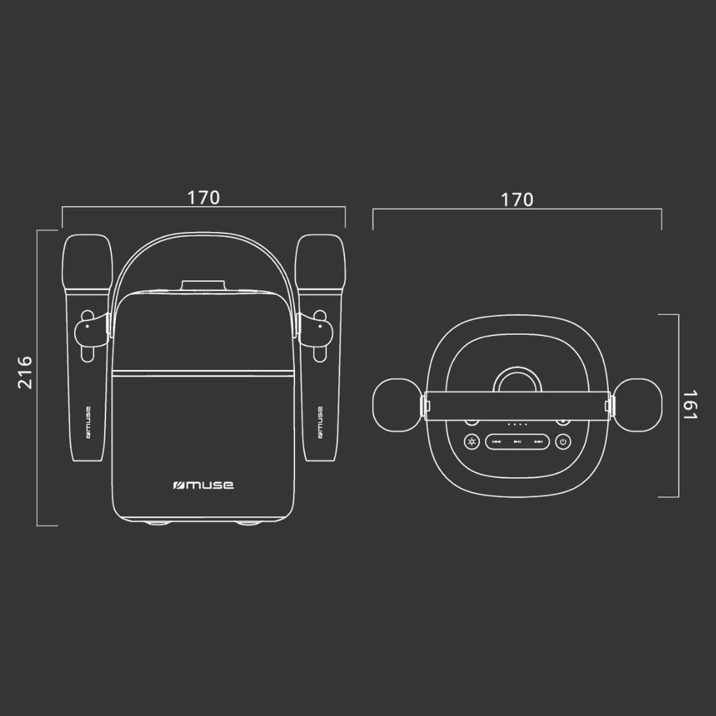 Muse M-530 KA, Altavoz BT Karaoke, Potencia 30W, con 6 Modos de luz. IPXS, Sonido de acompañamiento. Entrada Auxiliar, Toma de Auriculares, Entrada de Mic, Puerto USB