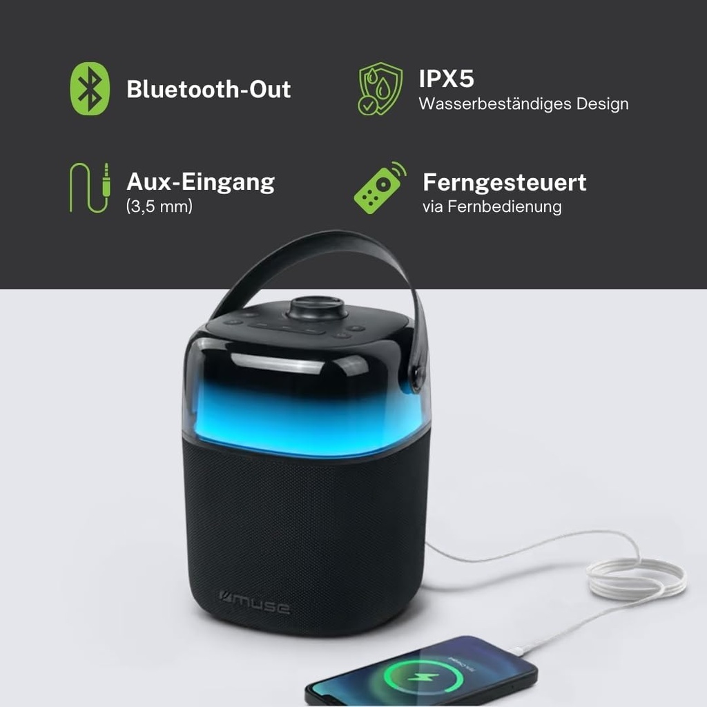 Muse M-530 KA, Altavoz BT Karaoke, Potencia 30W, con 6 Modos de luz. IPXS, Sonido de acompañamiento. Entrada Auxiliar, Toma de Auriculares, Entrada de Mic, Puerto USB